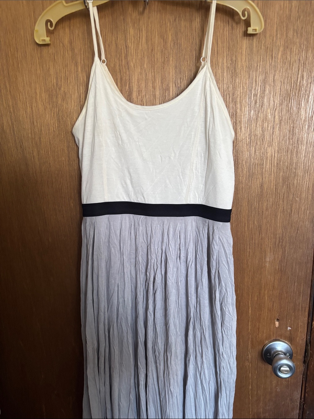 LC Lauren Conrad Cream and Light Gray Maxi Dress with Black Waistband